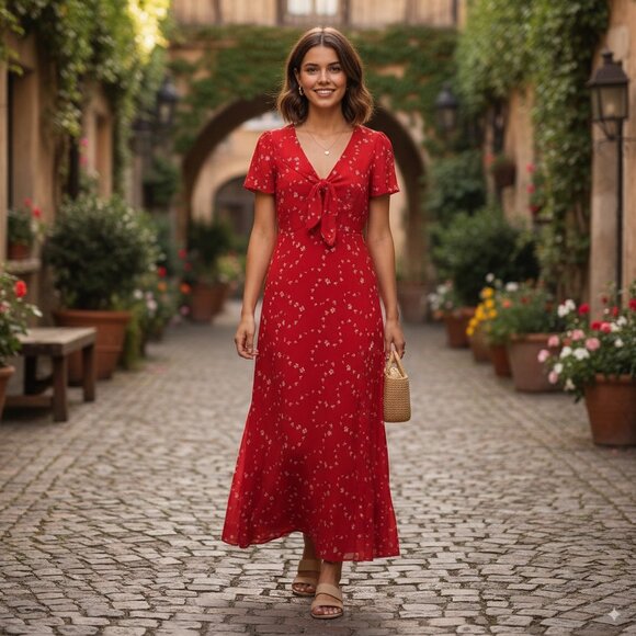 NWT Reformation  Talleen Floral Tie-Neck Midi-Dress - Picture 1 of 12